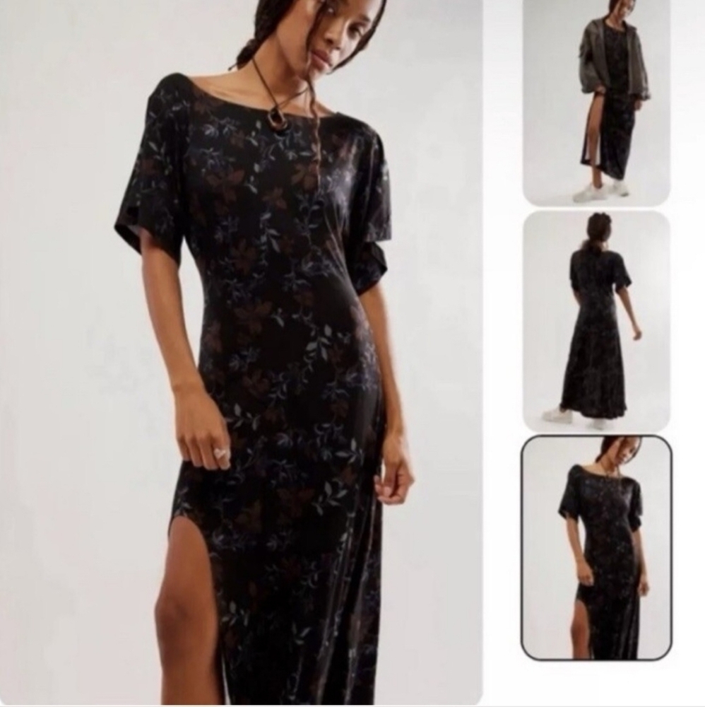 NWT Free People Front Split Midi Knit Dress Black Floral Print S/S Size Small.